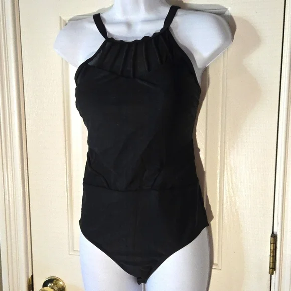 Holipick One Piece Swimsuit Bathing Suit Black Mesh Cutouts High Neck See Throug - Picture 3 of 16